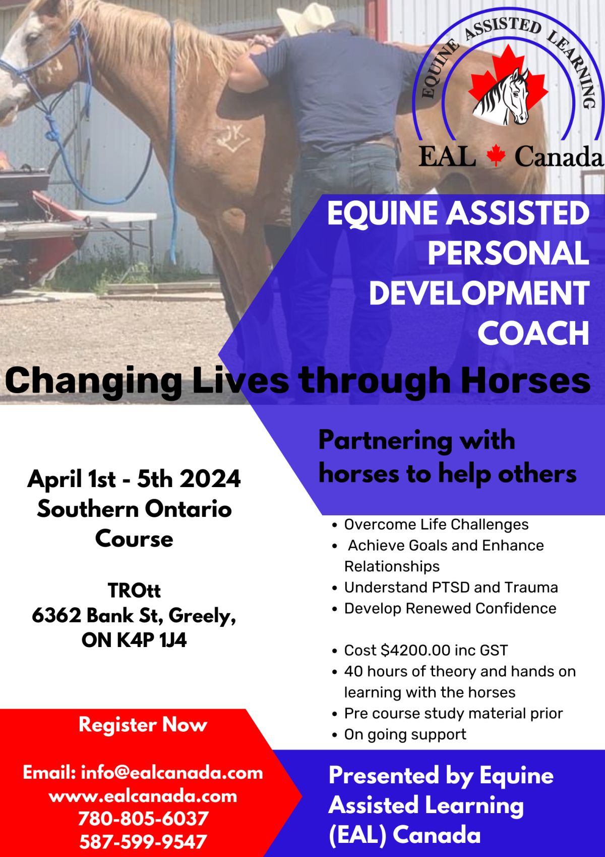 Flyer for Equine Assisted Learning Course April 1 to 5 at TROtt
