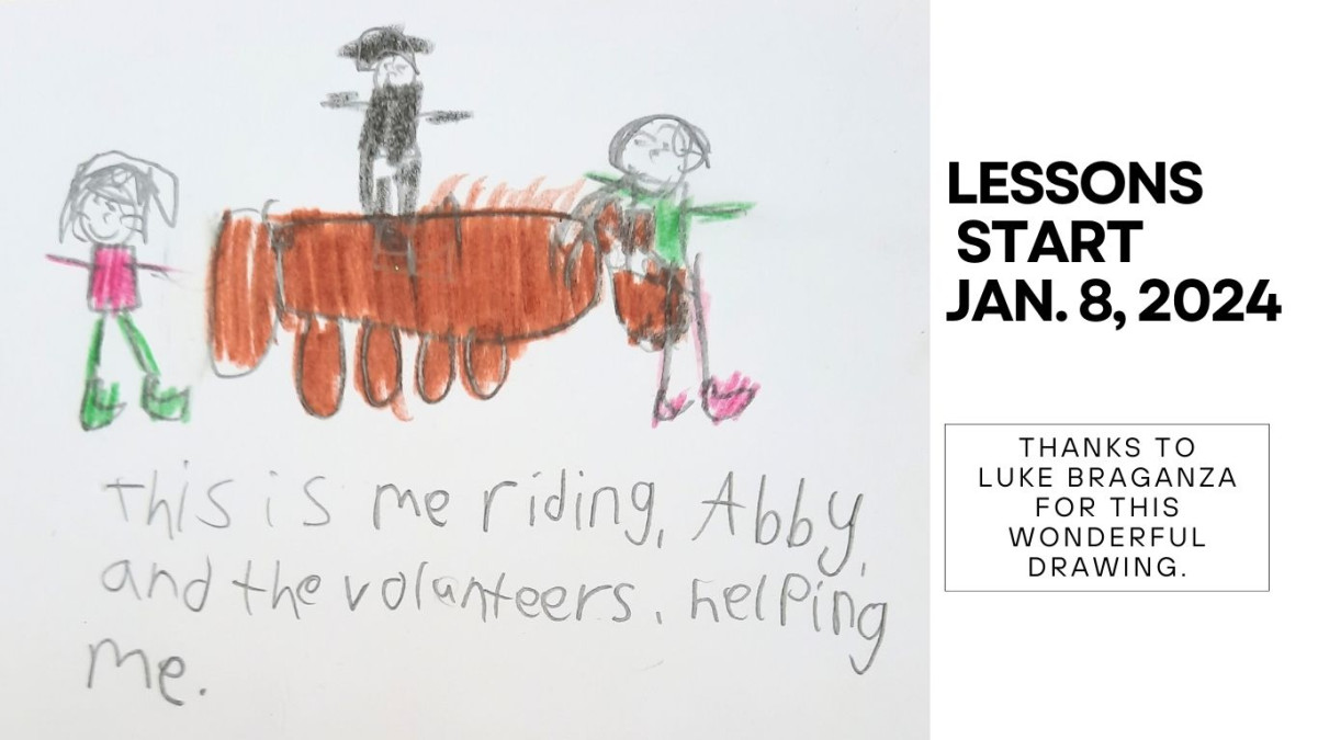 Drawing by a child of himself riding a horse with sidewalkers, drawn by Luke Braganza
